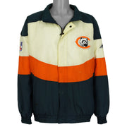 Front view of navy, cream and orange Chicago Bears NFL jacket with the collar open by Apex One from the 1990s