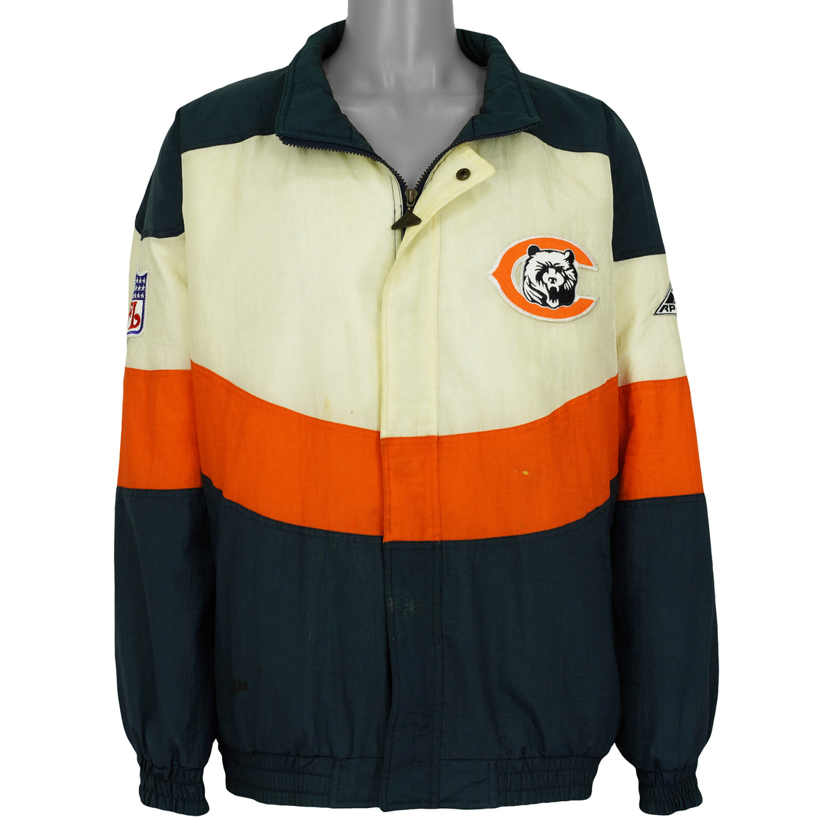 Front view of navy, cream and orange Chicago Bears NFL jacket with the collar open by Apex One from the 1990s