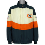Front view of Chicago Bears colorblock jacket with the stand collar raised.
