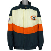 Front view of Chicago Bears colorblock jacket with the stand collar raised.