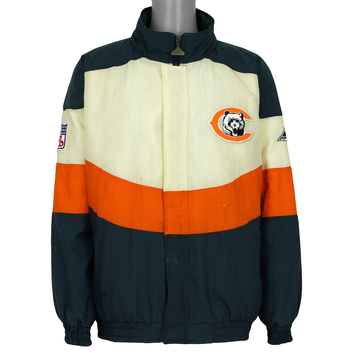 Front view of Chicago Bears colorblock jacket with the stand collar raised.