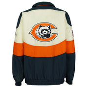 Back view of the navy and cream Chicago Bears colorblock jacket.