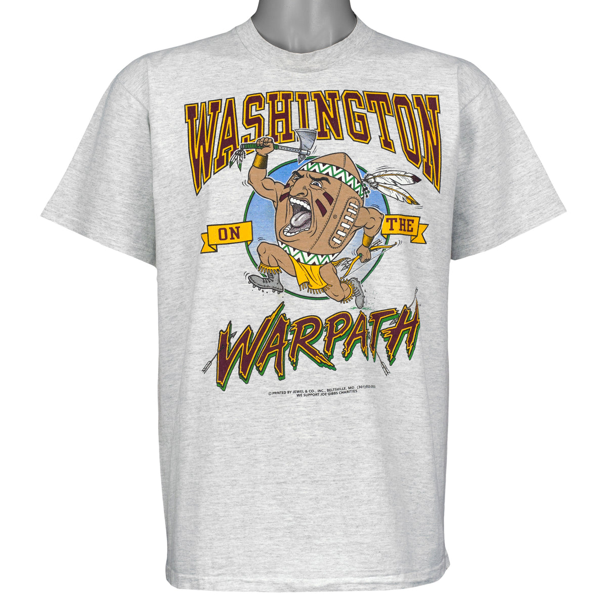 Heather gray Washington On the Warpath football NFL T-shirt front from the 1990s