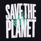Close-up of the worn Save the Planet artwork on the black shirt