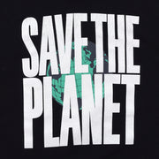 Close-up of the worn Save the Planet artwork on the black shirt