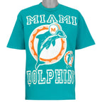 Teal Miami Dolphins NFL T-shirt front with oversized helmeted dolphin logo graphic, dated 1995
