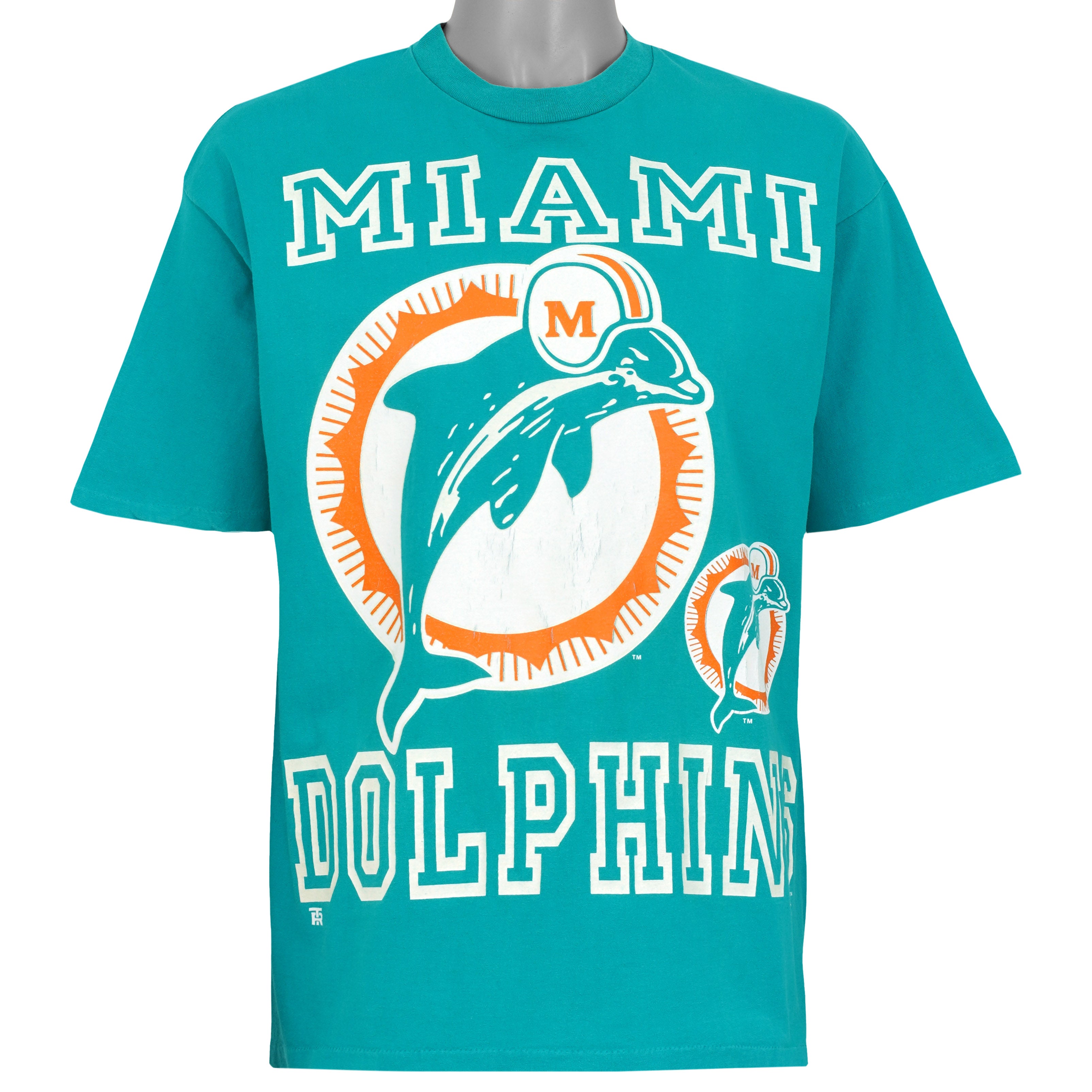 Teal Miami Dolphins NFL T-shirt front with oversized helmeted dolphin logo graphic, dated 1995