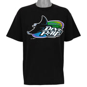 Black Tampa Bay Devil Rays MLB T-shirt front with colorful manta ray logo graphic, dated 1995