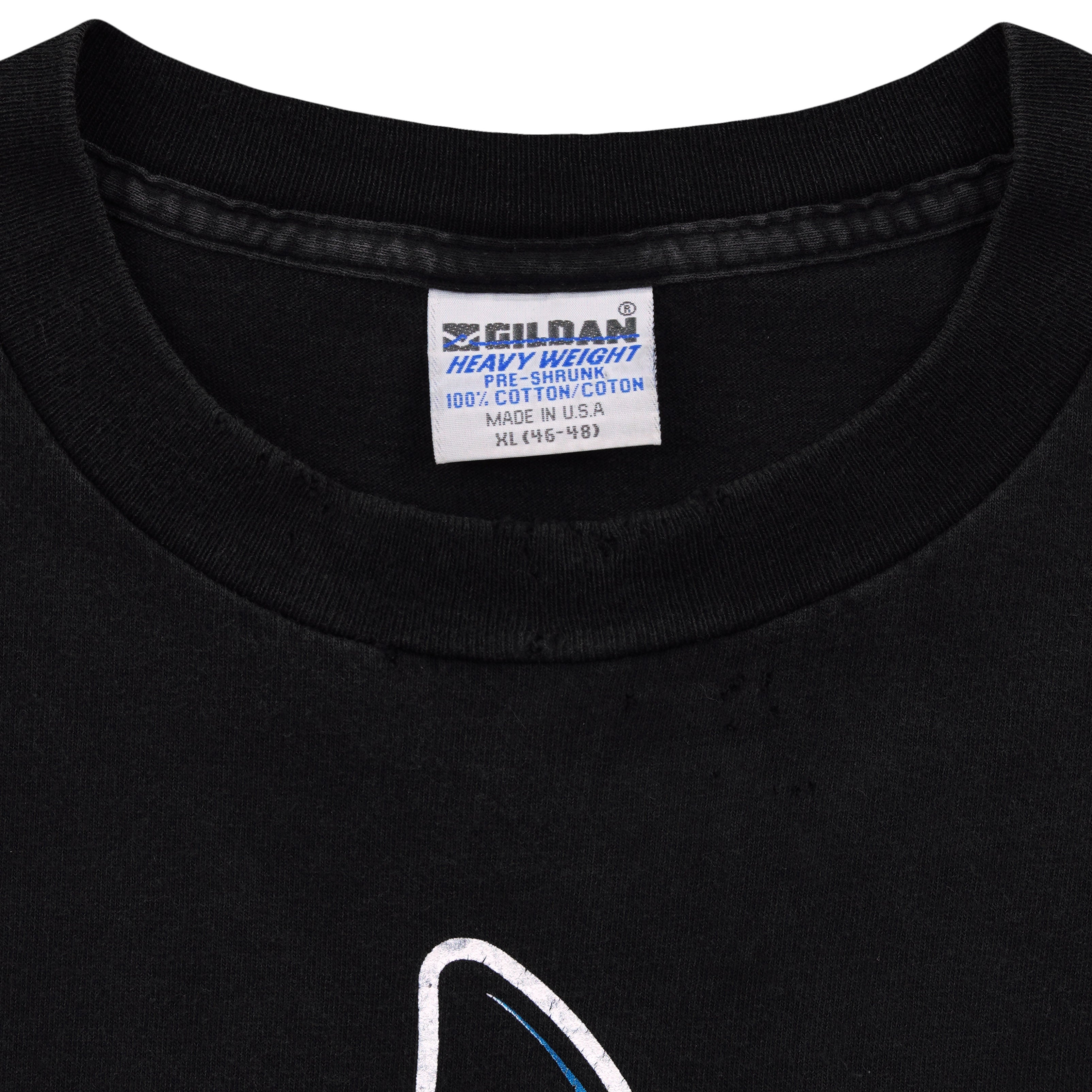 Close-up of the worn Gildan Heavyweight XL collar label and neckline
