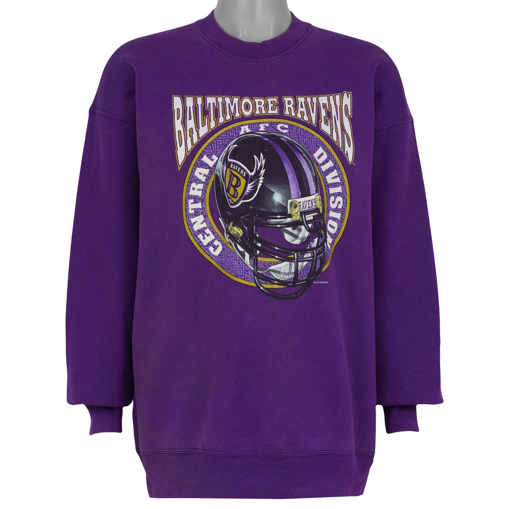 Purple Baltimore Ravens NFL sweatshirt front with central division helmet graphic by Pro Player, dated 1996