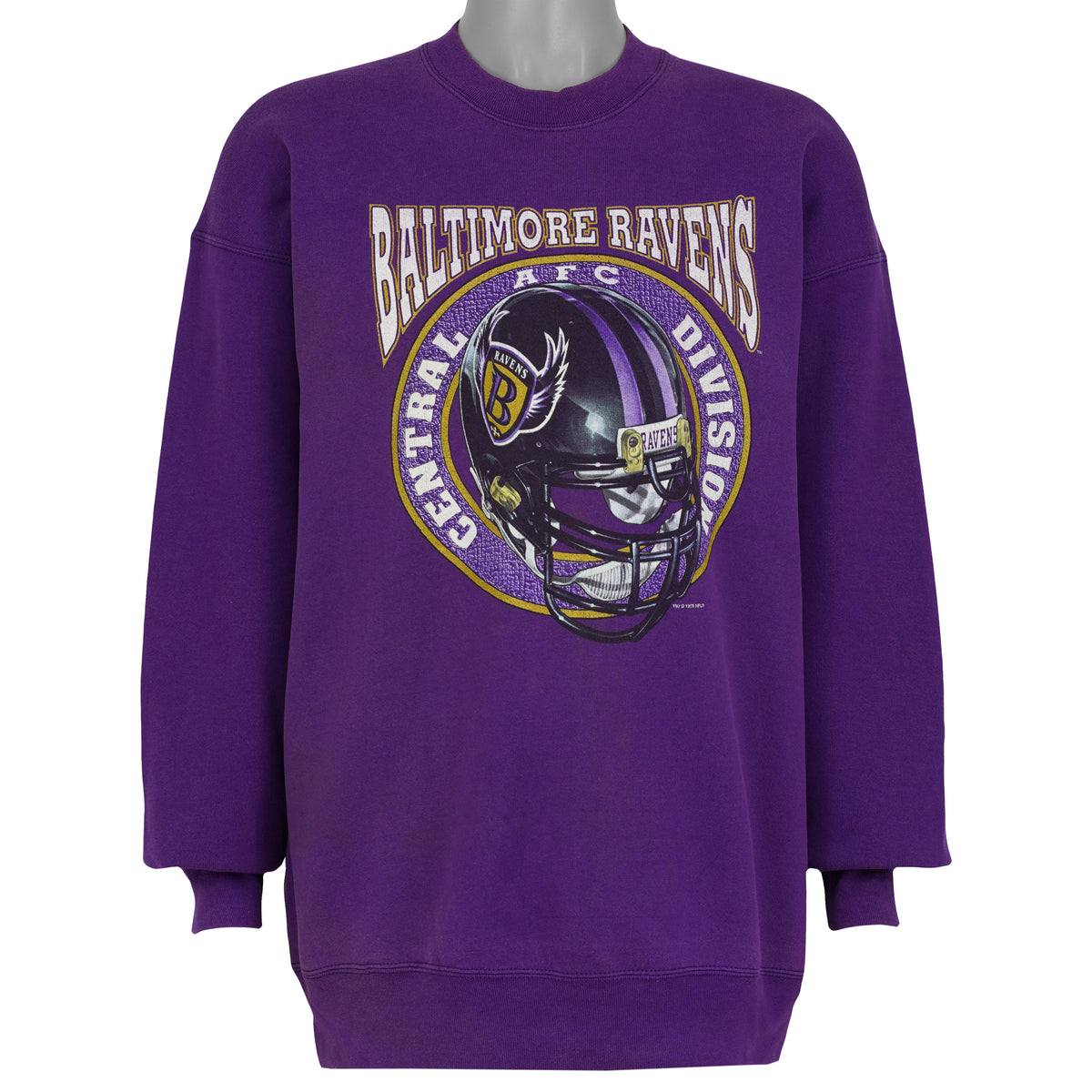 Purple Baltimore Ravens NFL sweatshirt front with central division helmet graphic by Pro Player, dated 1996