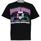 Black MLB Subway Series 2000 T-shirt front with Mets and Yankees train graphic