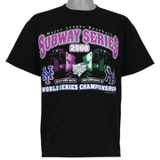 Black MLB Subway Series 2000 T-shirt front with Mets and Yankees train graphic