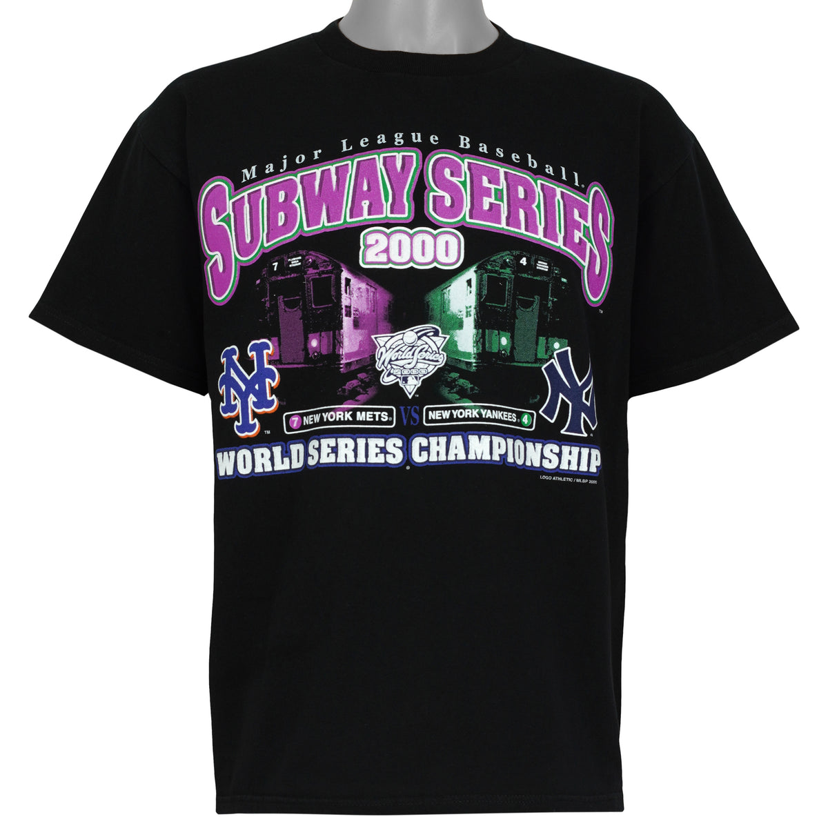 Black MLB Subway Series 2000 T-shirt front with Mets and Yankees train graphic