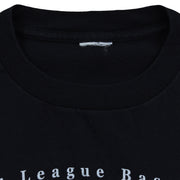 Close-up of the removed neck label inside the black Subway Series T-shirt