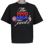 Black 1990 NBA Finals reversible T-shirt front with Pistons and Trail Blazers graphic by Salem Sportswear
