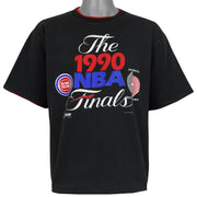 Black 1990 NBA Finals reversible T-shirt front with Pistons and Trail Blazers graphic by Salem Sportswear