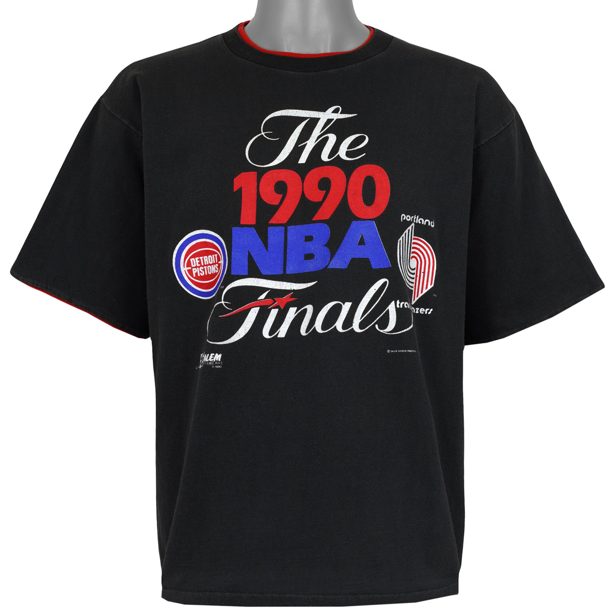 Black 1990 NBA Finals reversible T-shirt front with Pistons and Trail Blazers graphic by Salem Sportswear
