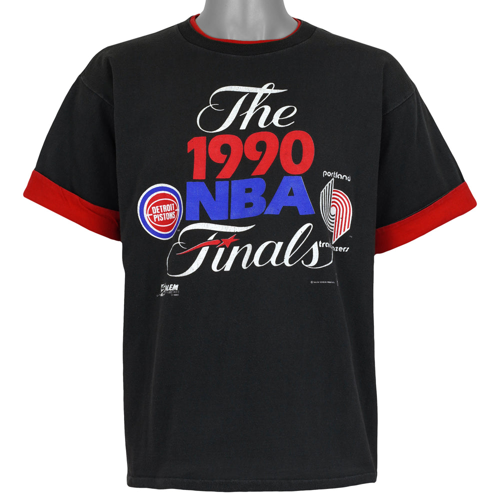 Black 1990 NBA Finals reversible T-shirt front showing red collar and sleeve trim