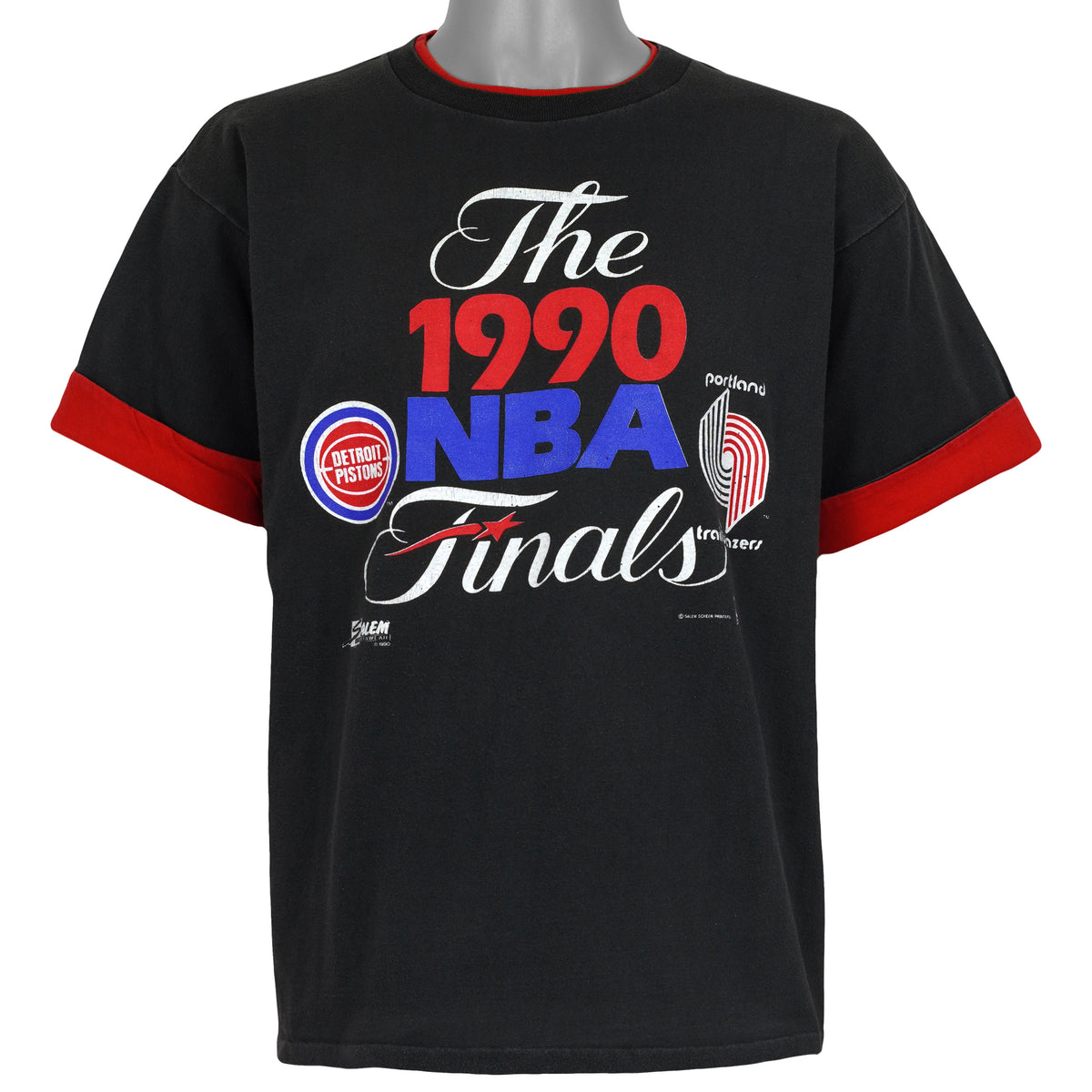 Black 1990 NBA Finals reversible T-shirt front showing red collar and sleeve trim