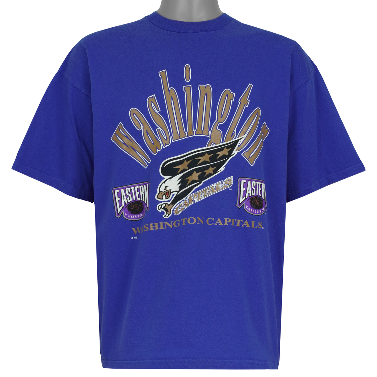 Blue Washington Capitals NHL T-shirt front with eagle and Eastern Conference graphics from the 1990s