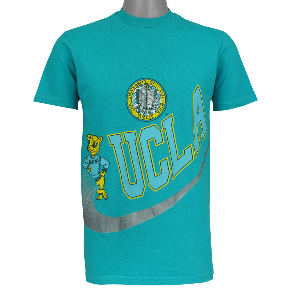 Turquoise UCLA Bruins NCAA T-shirt front with oversized wraparound graphics by Hanes from the 1990s