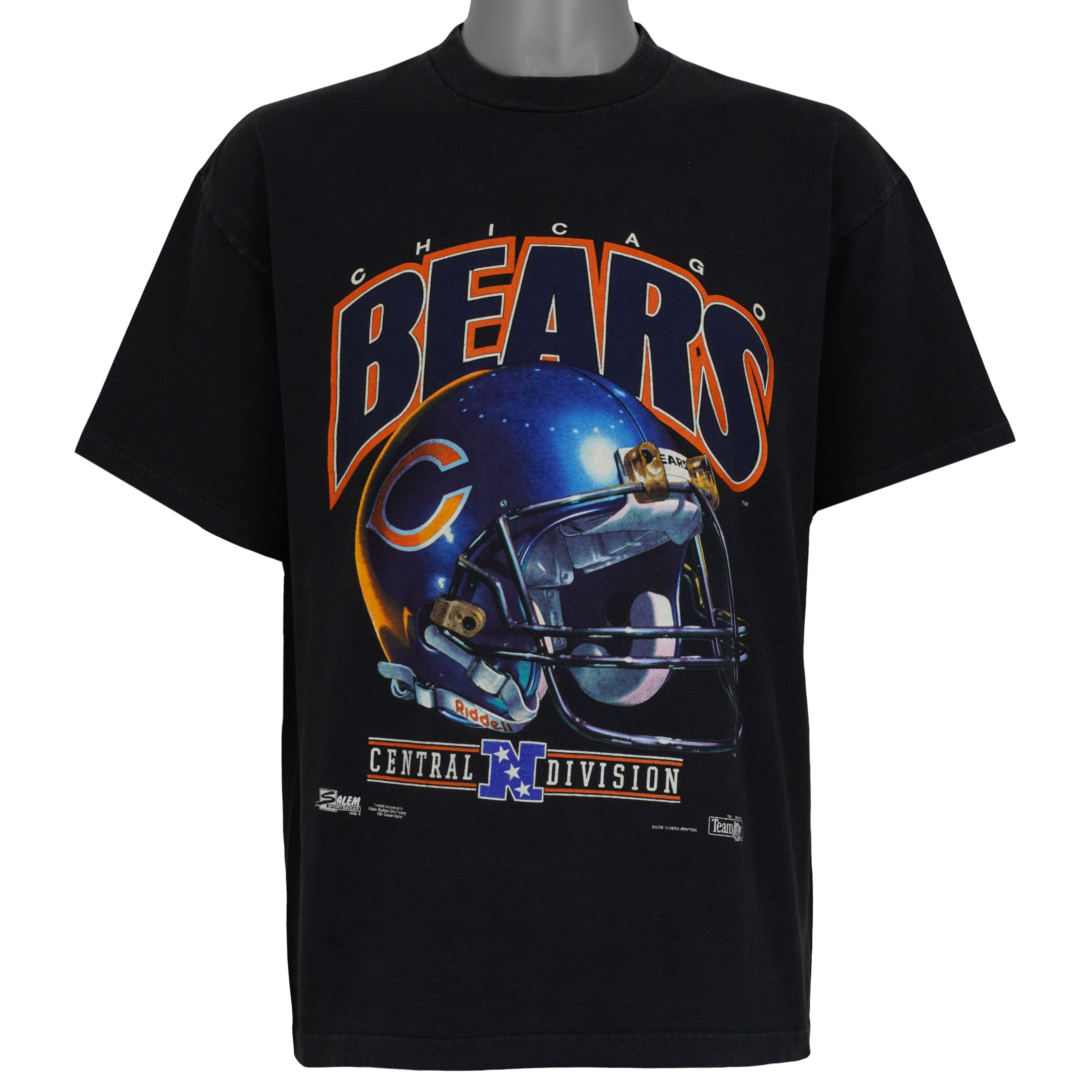 Black Chicago Bears NFL T-shirt front with Central Division helmet graphic by Salem, dated 1992
