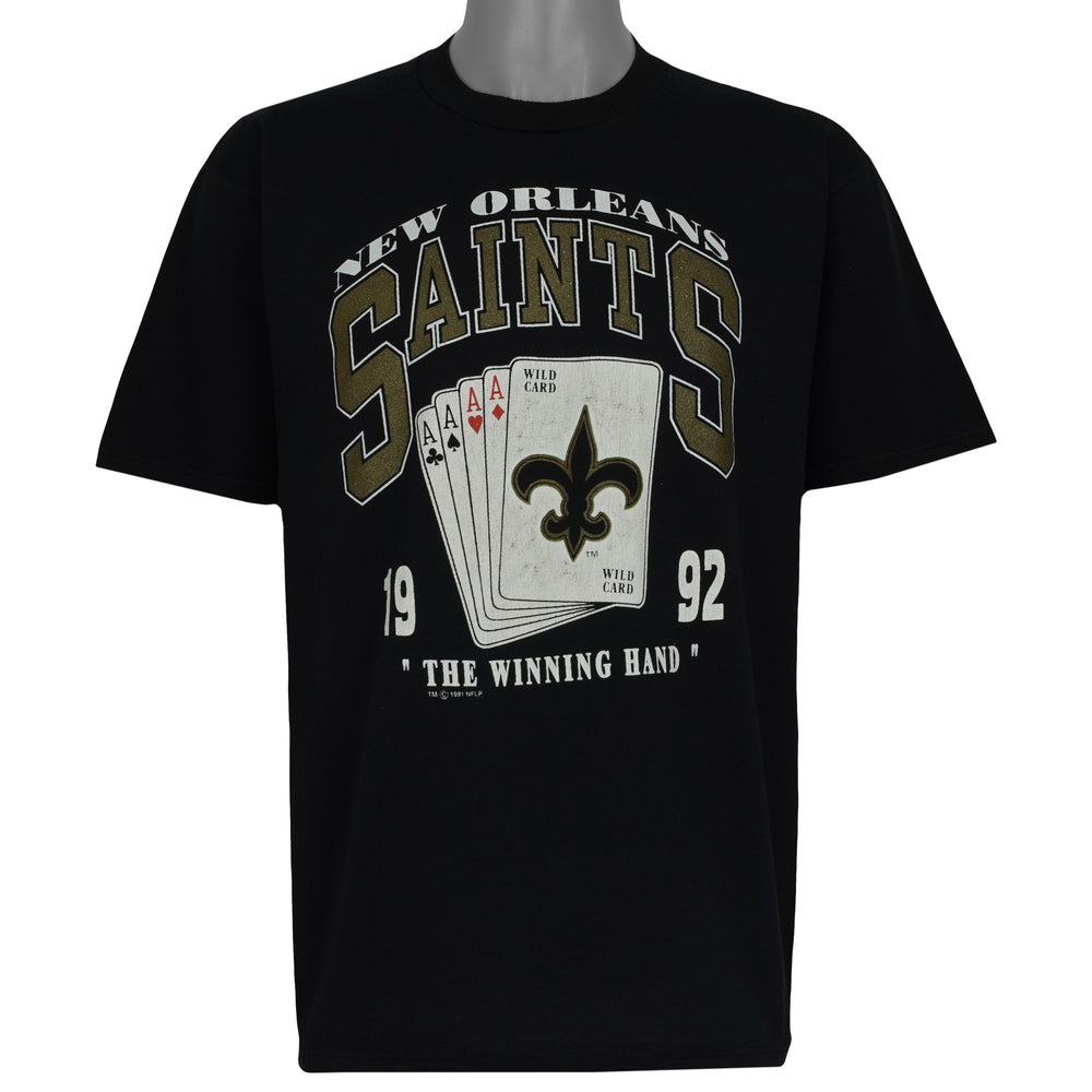 Black New Orleans Saints NFL T-shirt front with Winning Hand card graphic, dated 1992