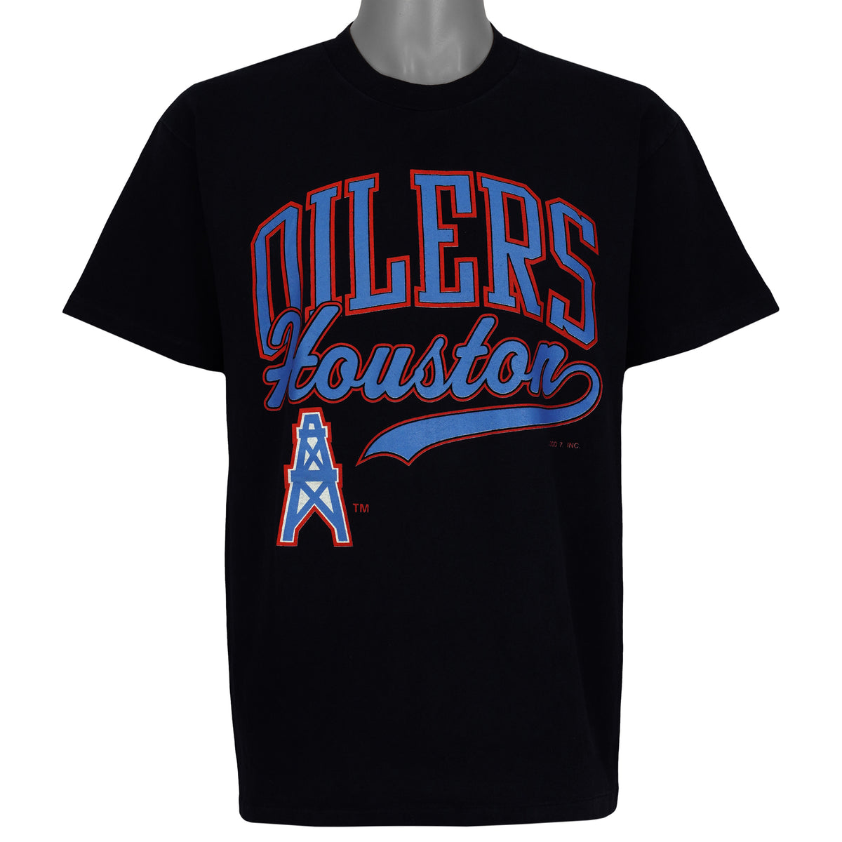 Black Houston Oilers NFL T-shirt front with red and blue script logo by Hanes from the 1990s