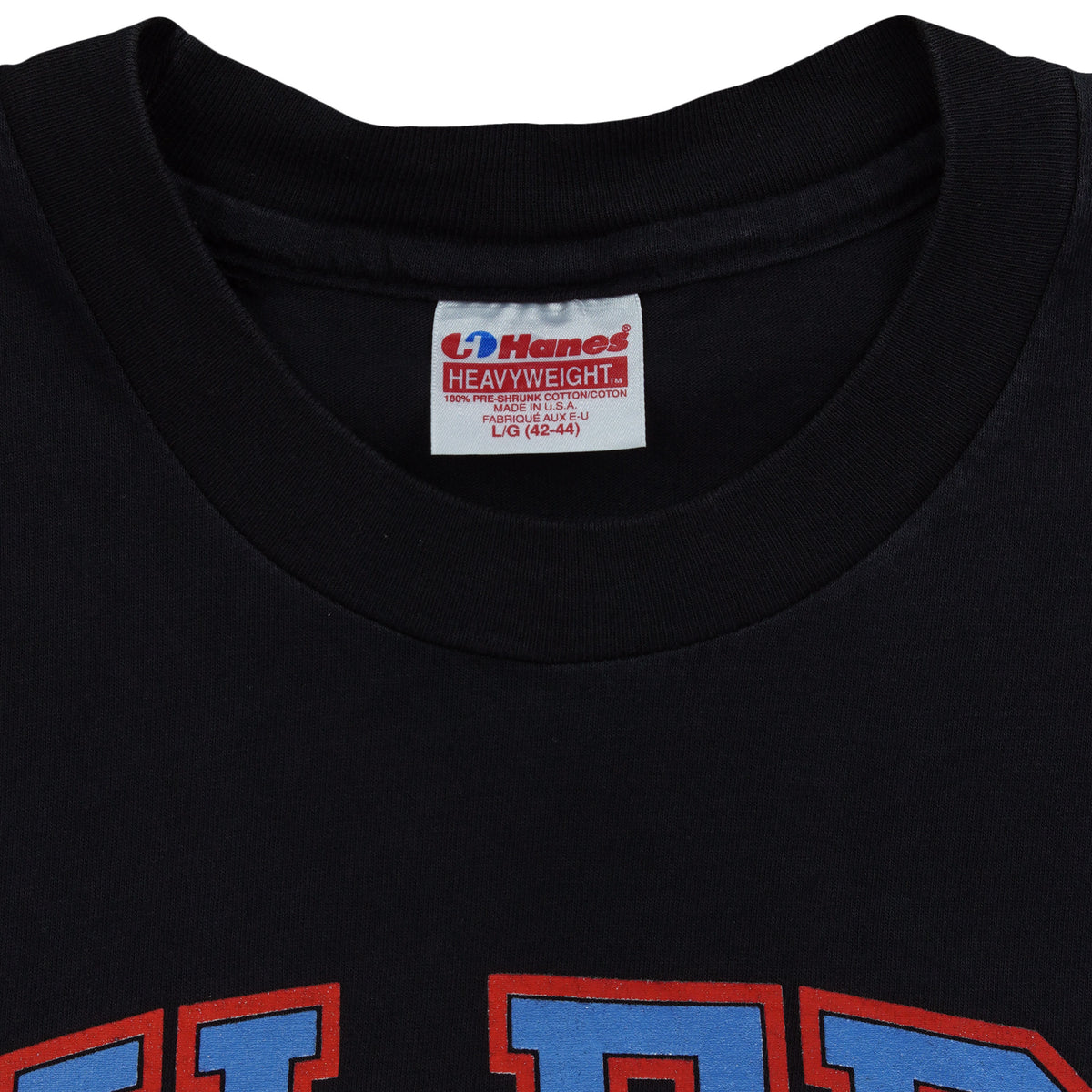 Hanes Heavyweight Large label inside the black Oilers T-shirt