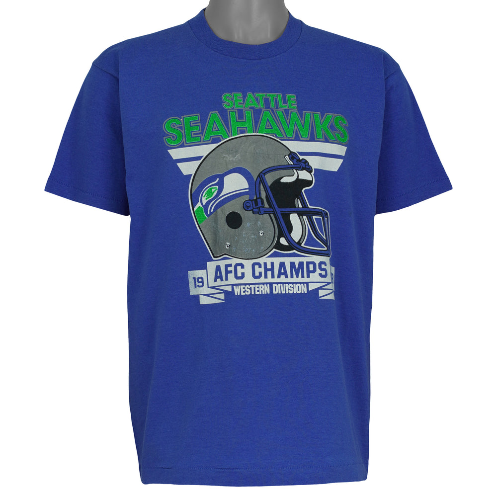 Blue Seattle Seahawks NFL T-shirt front with 1988 AFC Western Division Champions helmet graphic by Screen Stars