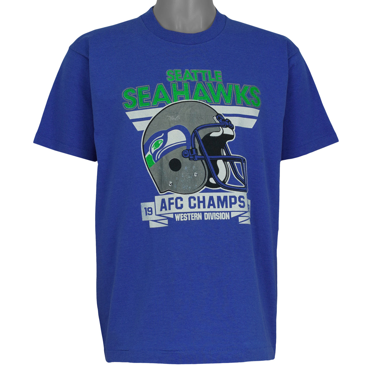 Blue Seattle Seahawks NFL T-shirt front with 1988 AFC Western Division Champions helmet graphic by Screen Stars