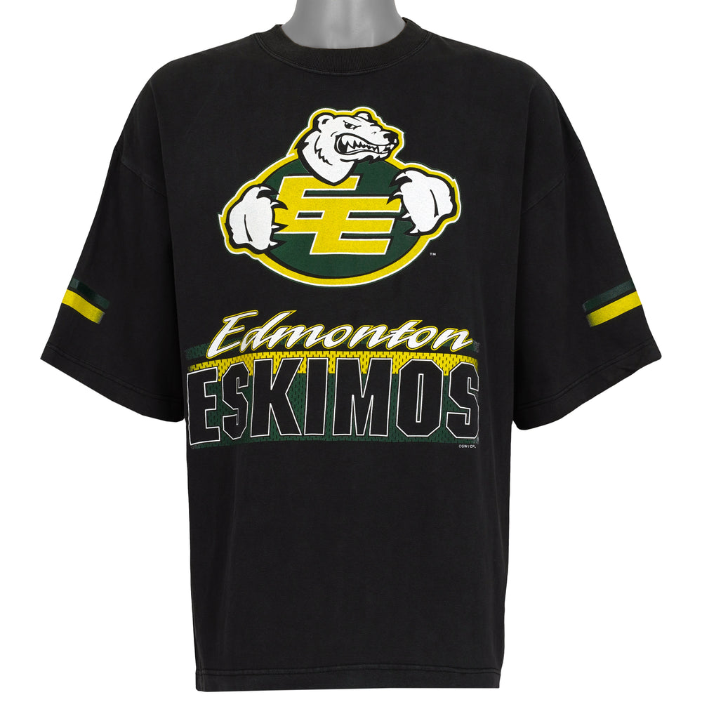 Black Edmonton Eskimos CFL T-shirt front with polar bear football logo from the 1990s