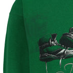 Close view of basketball shoes in the Boston Celtics front artwork