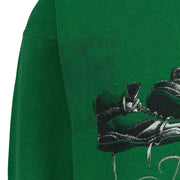 Close view of basketball shoes in the Boston Celtics front artwork