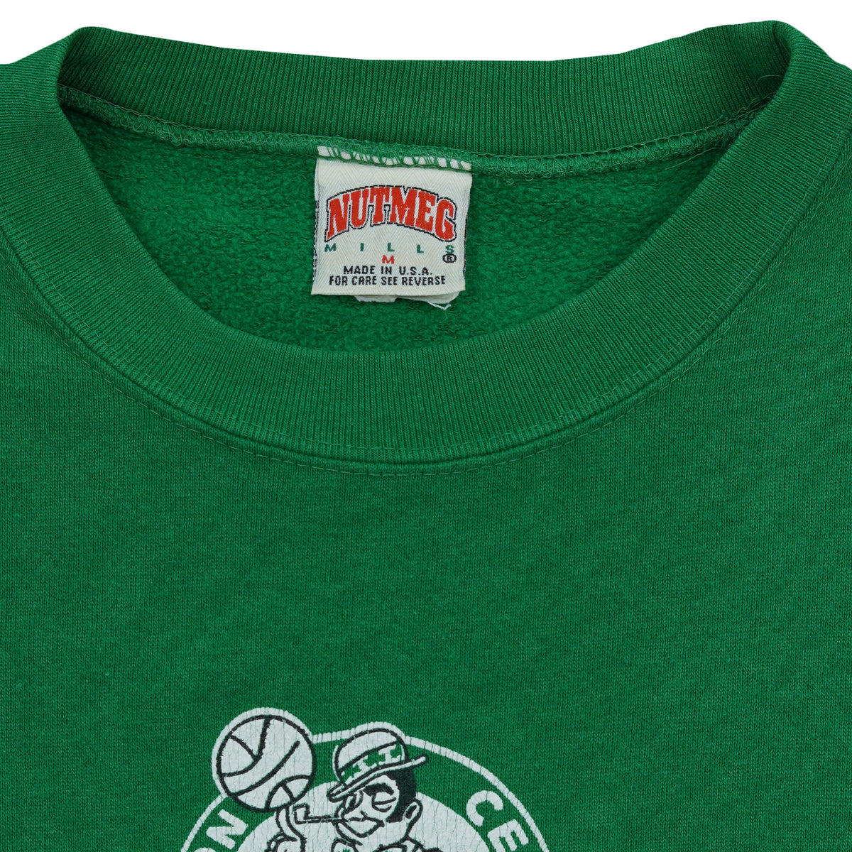 Nutmeg Mills Medium neck label inside the Celtics sweatshirt