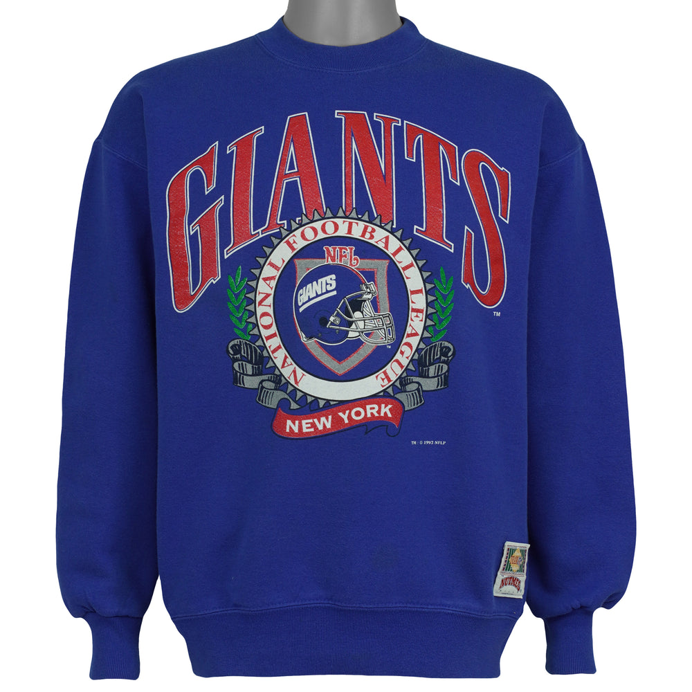Blue New York Giants NFL sweatshirt front with large football crest graphic by Nutmeg, dated 1993