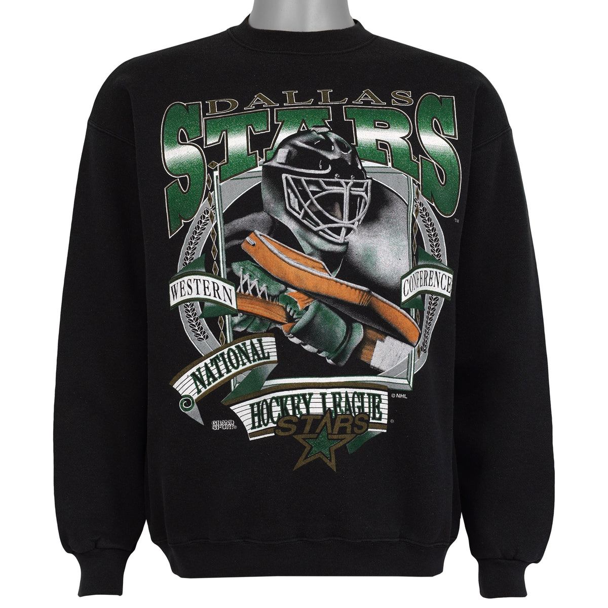 Black Dallas Stars NHL sweatshirt front with Western Conference hockey graphic from the 1990s