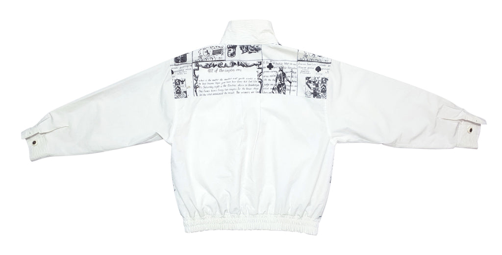 FILA - White Bomber Jacket with Black Script and Ink Drawings 1980s Large