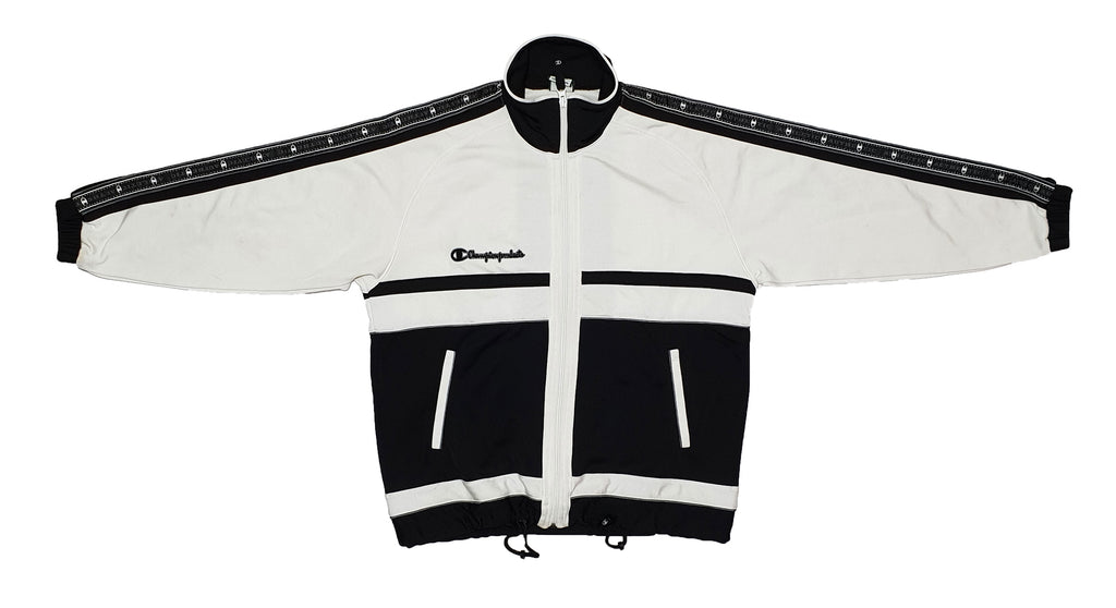 Champion - Black and White Zip-Up Track Jacket with Cinch Waist 1990s Medium