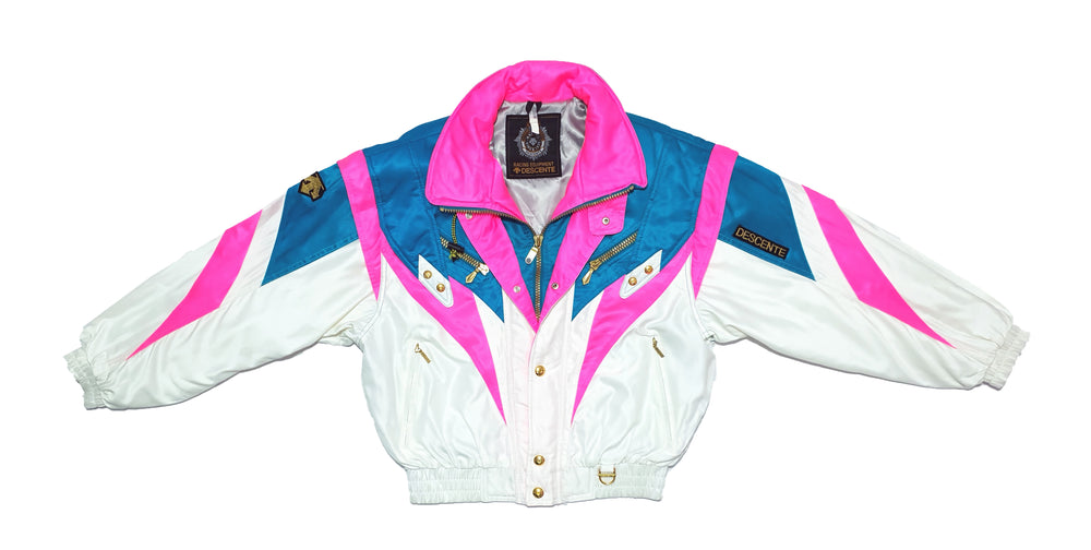 Descente - White with Pink Flashy Bomber Jacket 1990s Medium Vintage Retro