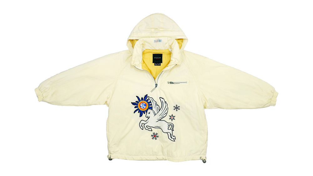 Vintage (Kensho Abe) - Cream 1/4 Zip Spell-Out Hooded Jacket 1990s Large Vintage Retro