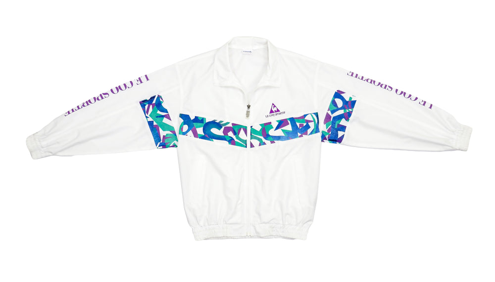 Le Coq Sportif - White & Blue Spell-Out Windbreaker 1990s Medium Vintage Retro