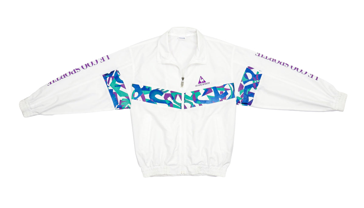Le Coq Sportif - White & Blue Spell-Out Windbreaker 1990s Medium Vintage Retro