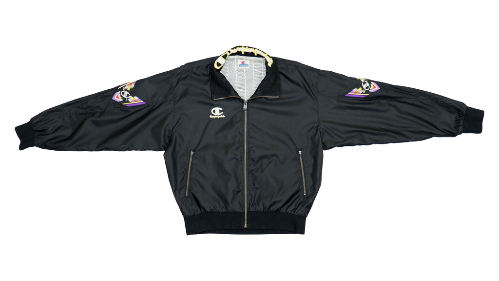 Champion - Black Bomber Jacket with Funky Logo Arm Patches 1990s Large