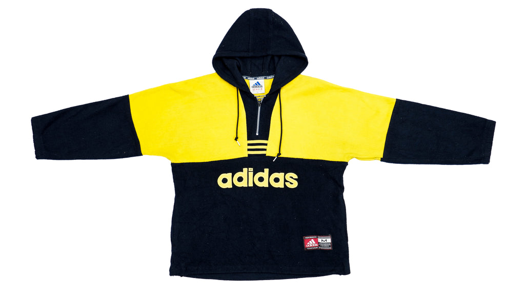 Adidas - Black & Yellow 1/4 Zip Spell-Out Hooded Sweatshirt 1990s Large Vintage Retro