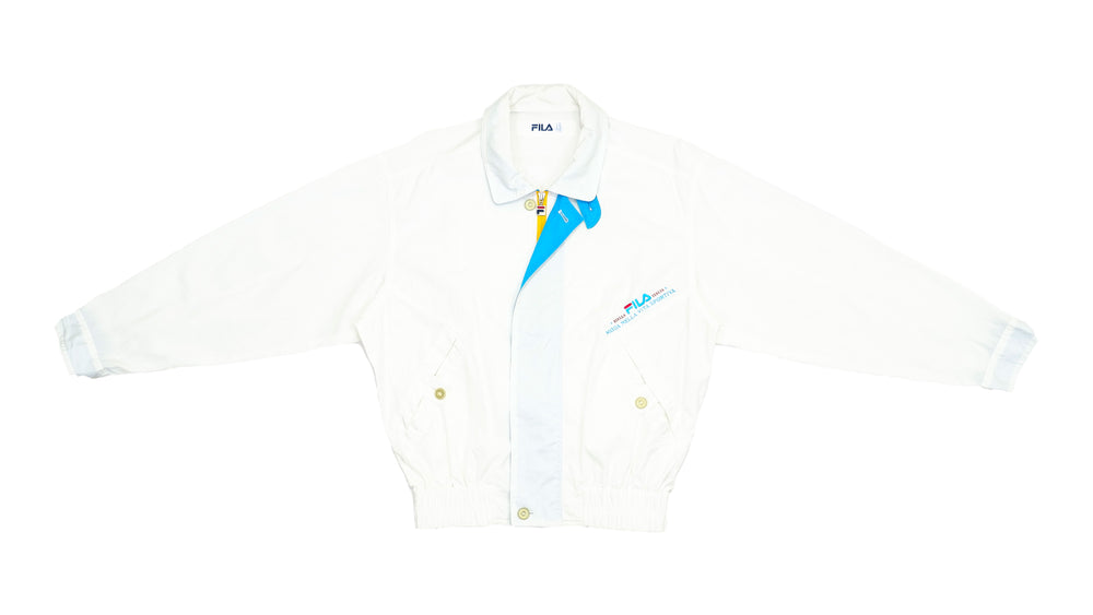 FILA - White FILA Sport Biella Italia Bomber Jacket with Yellow Zipper Detail 1990s Medium
