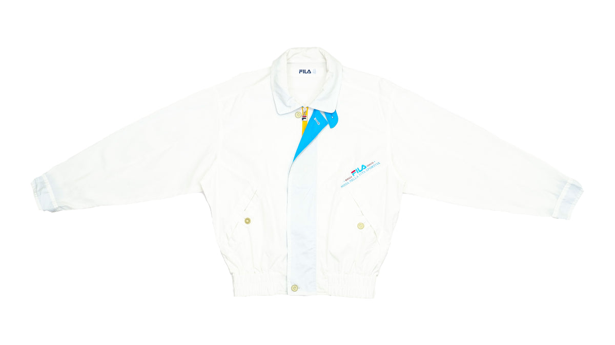FILA - White FILA Sport Biella Italia Bomber Jacket with Yellow Zipper Detail 1990s Medium