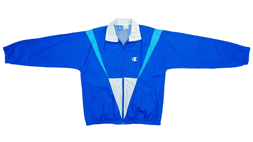 Champion - Blue Tricolor Windbreaker 1990s Large Vintage Retro