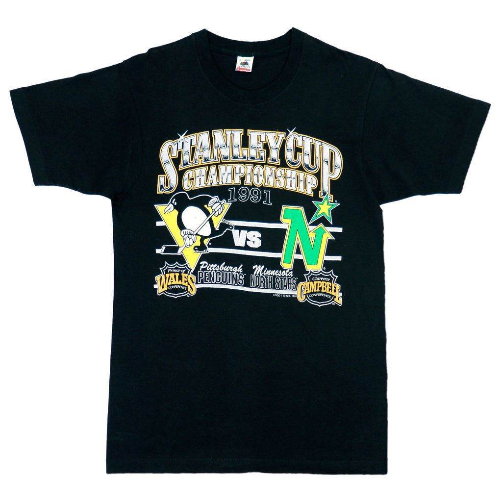 Vintage NHL (Logo 7) - Black Stanley Cup Championship, Pittsburgh Penguins vs Minnesota North Stars T-Shirt 1991 Large